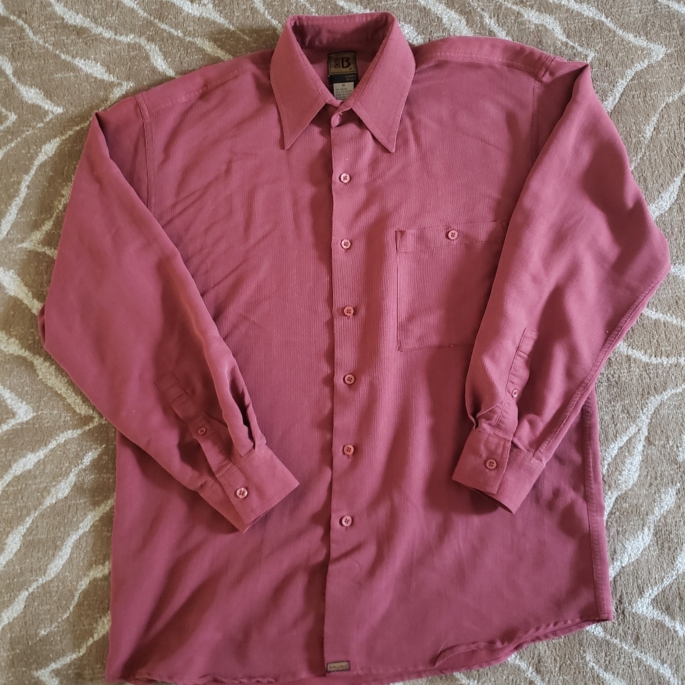 Light Red/ Maroon colored button up shirt.